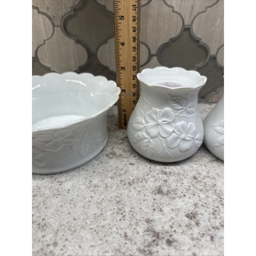 Vintage AK Kaiser Porcelain White‎ Bisque Floral Set 2 Candle Holders Plus Dish